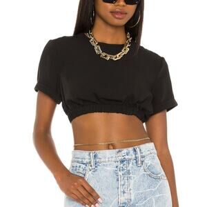 L'Academie Weronika Short Sleeve Crop Top Black Satin Size Small